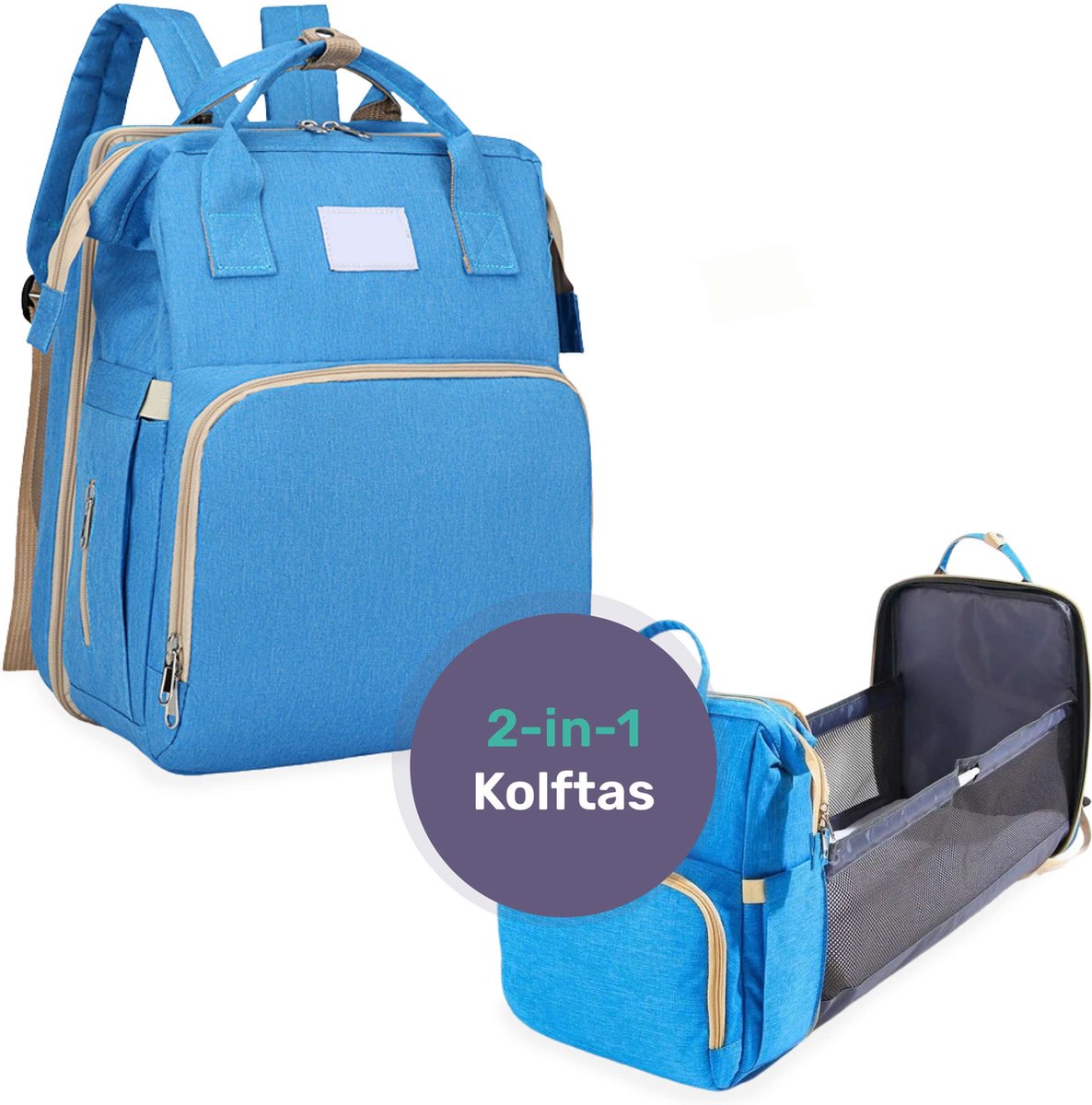 Sac à langer Qwali transformable en lit - 7 porte-biberons - Bleu-gris