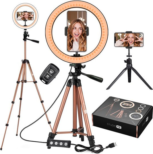 Studio ME Lampe annulaire avec trépied - 10 inch / 26 cm - Lampe annulaire - Rose Gold - Lampe Tiktok - Lampe annulaire avec trépied - 30 niveaux de lumière - Lampe annulaire - Télécommande et mini trépied inclus - Lampes annulaires