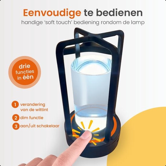Goliving Lampe de table rechargeable - Lanterne - Sans fil et dimmable - Lampe tactile moderne - Lampe de nuit pour chambre à coucher - 17.5 cm - Noir