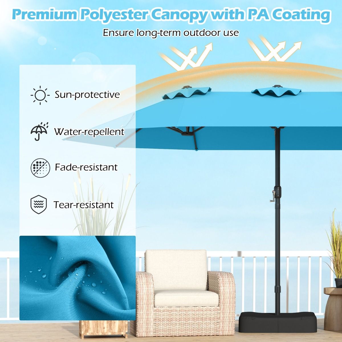 Parasol double Coast 470 x 285 x 261 cm - Turquoise - Socle lesté avec manivelle - 12 baleines robustes - Parasol rectangulaire de jardin et de terrasse