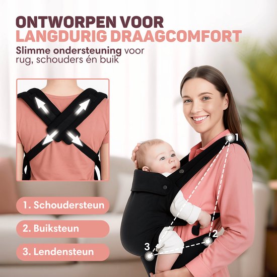 Vulpes Goods® BabyCare - Porte-bébé - Porte-bébé ergonomique 0-36 mois - Porte-bébé ventral de luxe jusqu'à 20 kg - Coton OEKO-TEX® - Confort mains libres - Avec support dorsal et position M - Noir