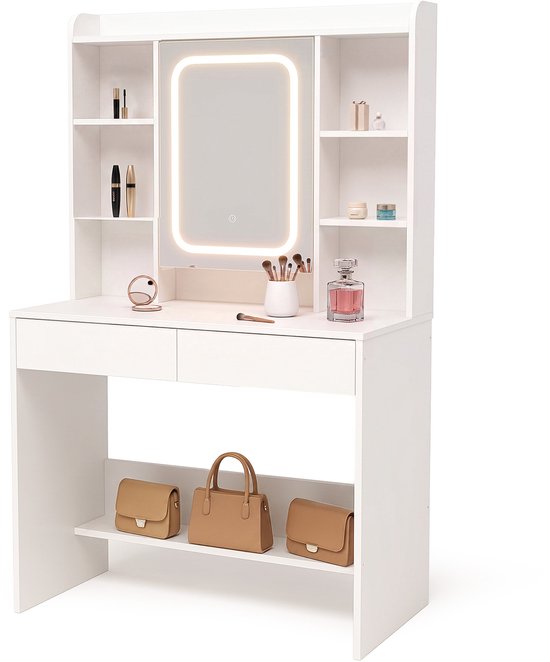 Infinity Goods : coiffeuse avec miroir LED - Table de maquillage - Très grand espace de rangement - Éclairage à intensité variable - Blanc