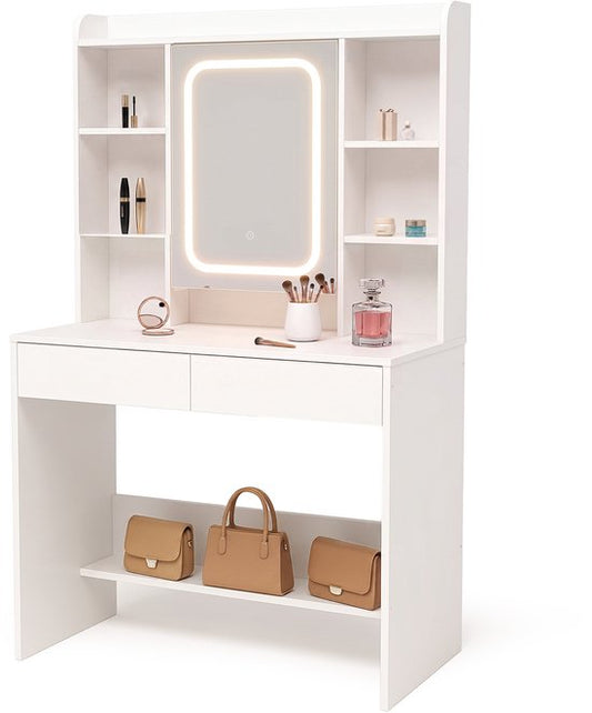 Infinity Goods : coiffeuse avec miroir LED - Table de maquillage - Très grand espace de rangement - Éclairage à intensité variable - Blanc