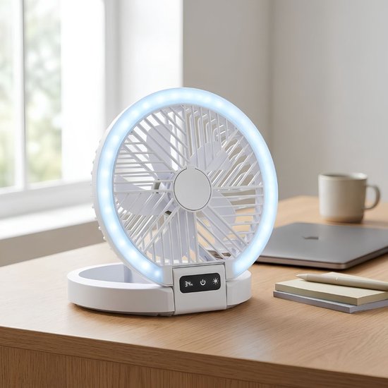 Ventilateur de table rechargeable Lifetime Air - Mini ventilateur USB 1 200 mAh - 5 vitesses et écran LED - 21 x 20,5 x 23 cm - Blanc