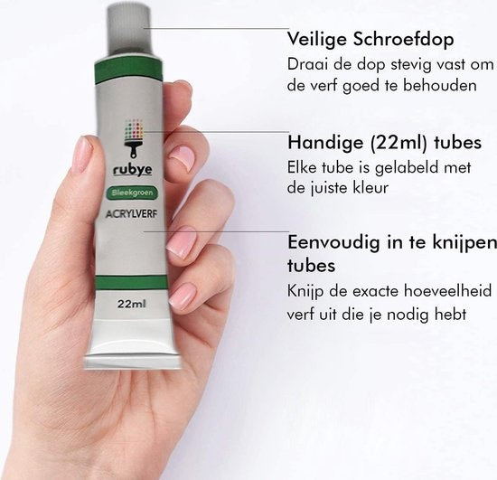 Rubye® Acrylic Painting - Peinture - Pinceaux - Hobby and Creative - Painting by Number - 22ML Tubes - 12 Couleurs