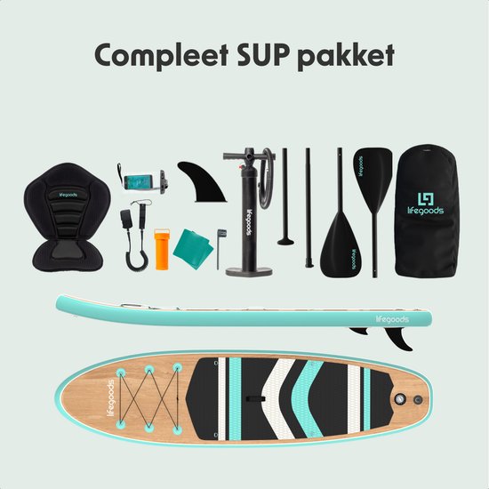 LifeGoods PaddlePro SUP Board - avec siège - Planche à pagaie gonflable - Ensemble complet - Max. 150KG - 320x81cm - Bois/Vert Menthe