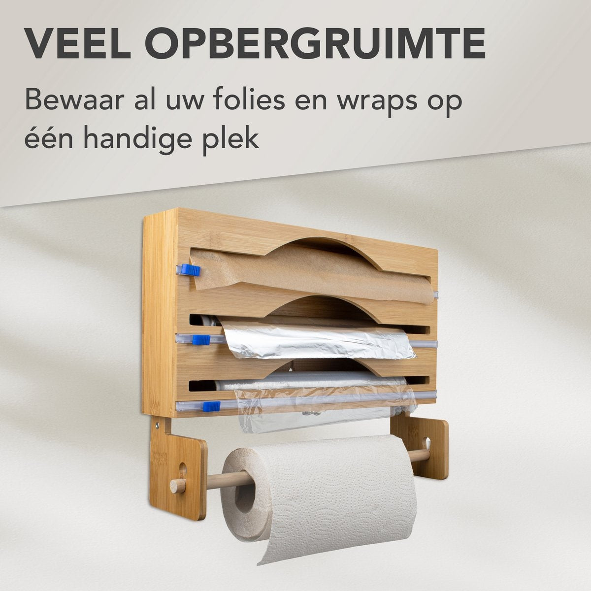 Nimma Roll Holder - Porte-rouleau de cuisine et porte-film en 1 - Système de suspension et coupe-film inclus - Convient pour 3 rouleaux de film - Bambou