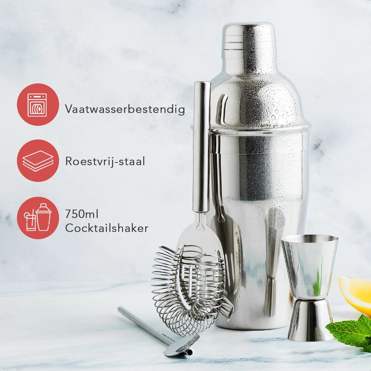 KitchenBrothers Cocktail Set with Cocktail Shaker - 13 Pieces - Complete Set - Gift Box - stainless steel