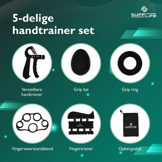 Kit d'entraînement pour les mains Supplife, 5 pièces – Pince à main réglable avec compteur – Entraîneur de préhension et balle de préhension – Entraîneur pour les doigts – Anti-RSI