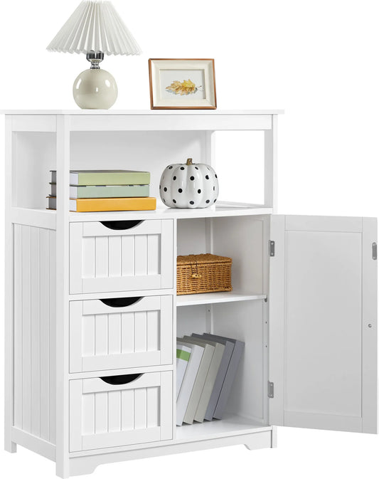 Yaheetech Armoire de salle de bain avec 3 tiroirs - Comprend une étagère réglable et un rangement ouvert ainsi que des accessoires en métal - Pour la salle de bain, le salon et la chambre - Mdf blanc et métal - 66 x 35 x 90 cm