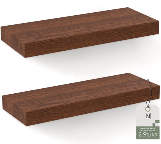 Étagère murale flottante - Noswo - Lot de 2 - 15 kg max - Bois de manguier massif - 43x16.8 x4 cm - étagère à livres / étagère à photos - Matériel de fixation inclus