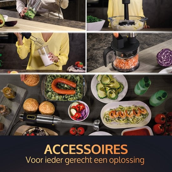 JAP Appliances ForceBlend F3 - 7in1 Hand blender set (1500W) - Comprend un robot culinaire, une tasse à mesurer, un éminceur en spirale, un fouet et un batteur - Pour la soupe, la viande, les smoothies et les collations pour bébés - Black/RVS