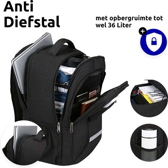 Wadu Anti-theft Waterproof Backpack Includes Usb Charging Station 14 T/m 15.6 Inch Black