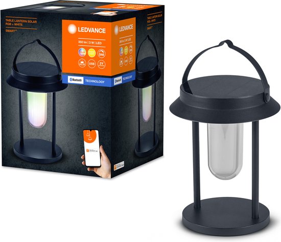 Lampe de table solaire Bluetooth LEDVANCE SMART+ Outdoor, avec lumière blanche (3000 K) + lumière colorée, autonome (sans alimentation électrique), jusqu'à 5 heures d'autonomie à 100 % de luminosité, rechargeable, indice de protection IP44, noire