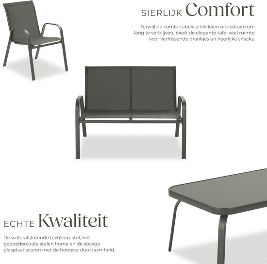 tectake® Garden Set Nora - Ensemble de sièges modernes pour 4 personnes - Ensemble de salon avec canapé de jardin et 2 chaises de jardin en tissu textile respirant et résistant à l'eau - Ensemble de balcon avec table d'appoint - Ensemble de mobilier de ja