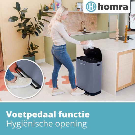 Homra Rockx Pedal Bin 60 Litres - Duo Trash Bin 2X30L with Odour Filter - Stainless steel Waste Separation Trash Bin 2 Compartments - Recycle Trash Bin - Garbage Bin Kitchen Waste Separation - Waste Bin - Double Trash Bin Grey