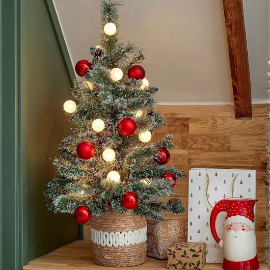 Black Box Trees Kaprun : sapin de Noël artificiel avec illuminations - Sapin de Noël artificiel H 90 x Ø 51 cm - en pot avec décorations - Vert, rouge, givré