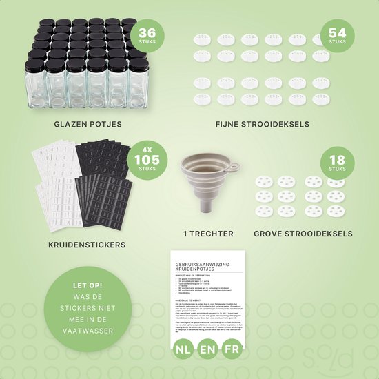 S.old - 36 pots à épices en verre carrés avec couvercle noir - Spice Spreader - Set complet avec couvercles à saupoudrer, autocollants préimprimés et entonnoir - Capacité 120 ml - 10,5 x 4,3 cm