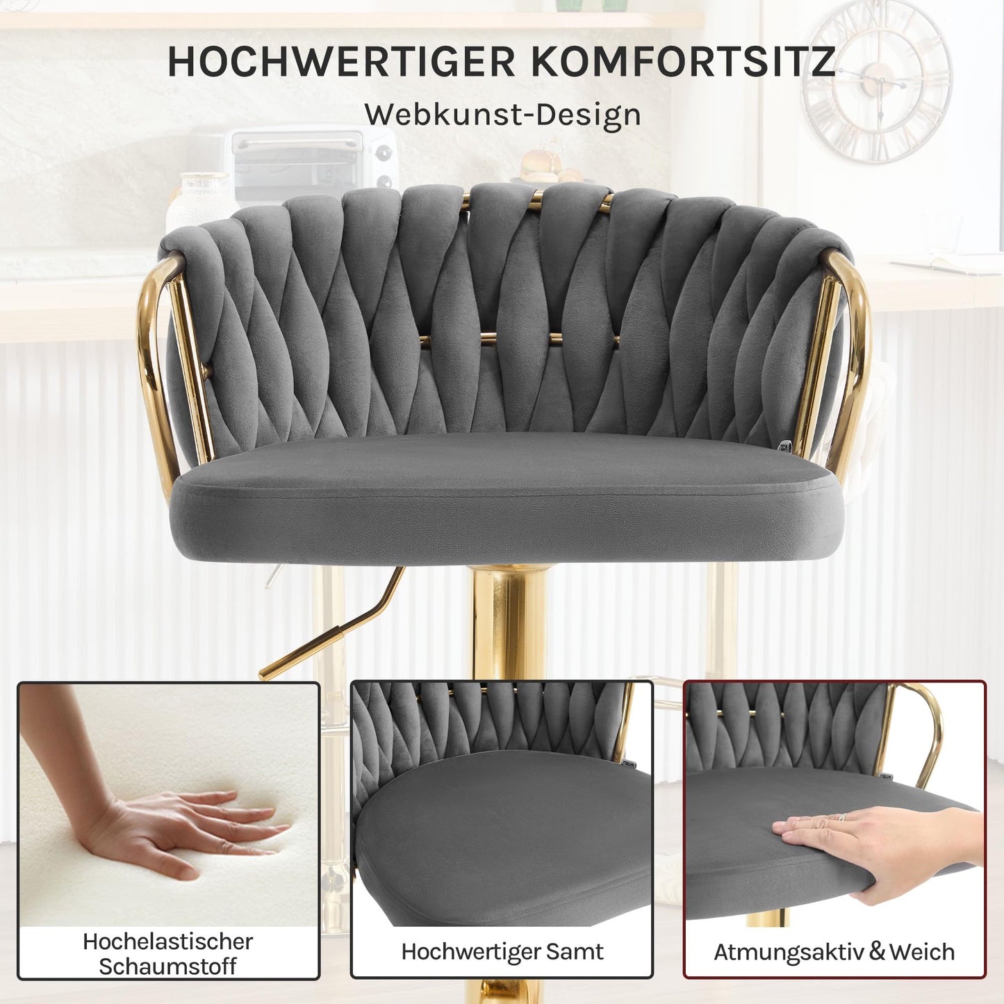 Tabouret Woltu - Réglable - Pivotant à 360° - Velours - Gris foncé