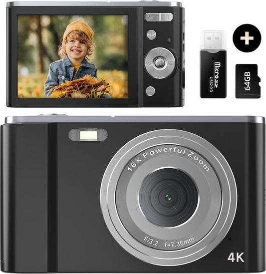 K&L Digital Camera 4K - 64MP - Caméra - Caméra compacte - Caméra Vlog - Pour les enfants - Comprend 64GB - NL Software