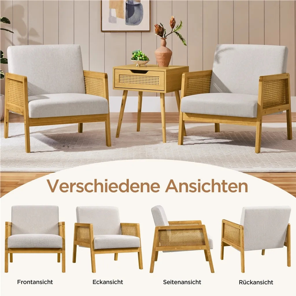 Fauteuil Yaheetech 65,5 x 71 x 74,5 cm - Beige - Fauteuil de salon rembourré avec accoudoirs en rotin