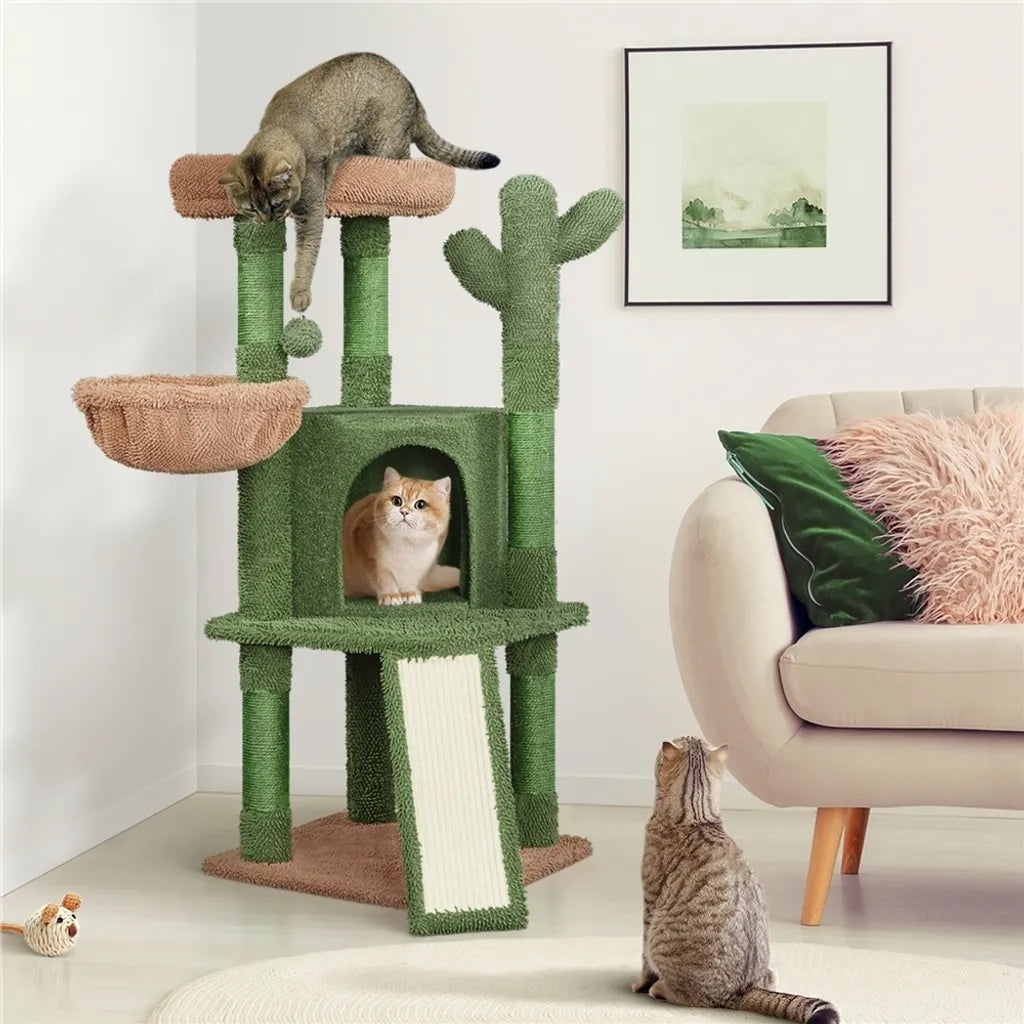 Yaheetech Arbre à chat « Kaktus » XS 42,5 x 42,5 x 106,5 cm - Vert/Marron - Arbre à chat avec maison, panier suspendu et poteaux en sisal