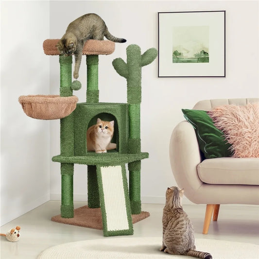 Yaheetech Arbre à chat « Kaktus » XS 42,5 x 42,5 x 106,5 cm - Vert/Marron - Arbre à chat avec maison, panier suspendu et poteaux en sisal