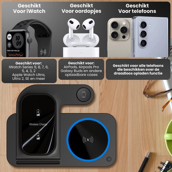 Strex 3-in-1 Wireless Charger - Station de charge - Chargement rapide 15W - Pliable - Convient pour iOS & Android, Apple Watch, AirPods et écouteurs sans fil - Noir
