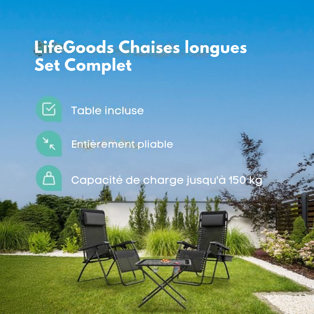 LifeGoods Chaises longues - Pliable - Ensemble complet - Avec table d'appoint - 30°-90° réglable - Chaises de jardin - Métal - Noir