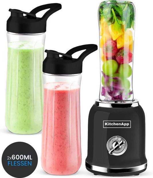 KitchenApp Blender to go - Mixeur rétro - Smoothie maker - Comprend deux tasses et de nombreux accessoires - Noir