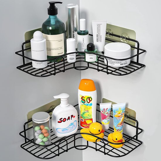 Loti Living Support de douche sans perçage - Forme d'angle - 2 pièces - Support de douche suspendu - Support de douche sans perçage - Support de douche 2 pièces - Support de douche noir - Support de douche sur mur de douche - Bande adhésive