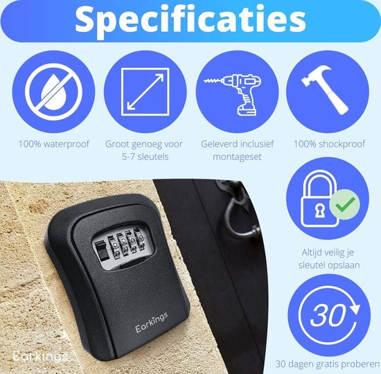 Coffre à clés - Coffre à clés avec code pour l'extérieur - Armoire à clés avec fixation murale - Earkings Coffre à clés avec serrure à combinaison noir
