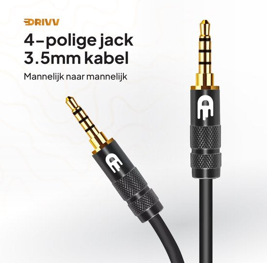 Drivv. Câble AUX 3,5 mm - Jack à Jack - Câble audio 4 pôles - Plaqué or - Mâle à Mâle - PVC - Noir - 2 mètres