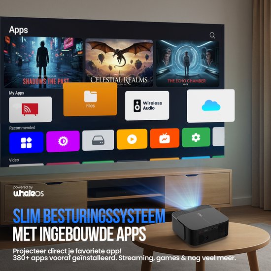 Strex Smart Beamer WiFi - Mini-projecteur avec applications (WhaleOS) - Projecteur Full HD 1080p - Compatible 4K - Bluetooth et haut-parleurs intégrés - Sac de rangement et écran de projection inclus