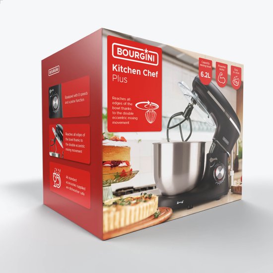 Bourgini Kitchen Chef Plus - Robot de cuisine XL - Bol de 6,2 L - Robot ménager - 3 accessoires - Mixeur de cuisine - Pétrissage de 1,2 kg de pâte à pizza/à pain