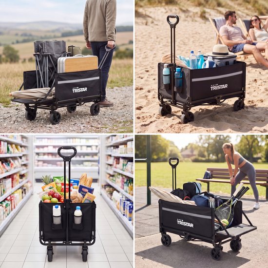 Chariot pliable Tristar – 120 L – Capacité de charge de 100 kg – Acier – Roulettes pivotantes – Chariot pliable avec hayon – Housse imperméable incluse – Compact – Festival – HC‑0917