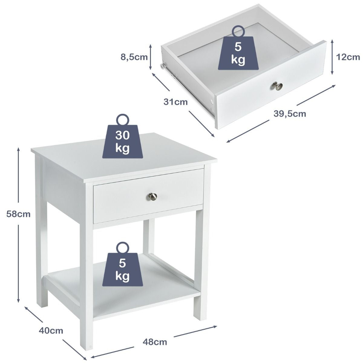 Table de chevet Coast 2-stage night sideboard table de chevet moderne avec tiroir blanc