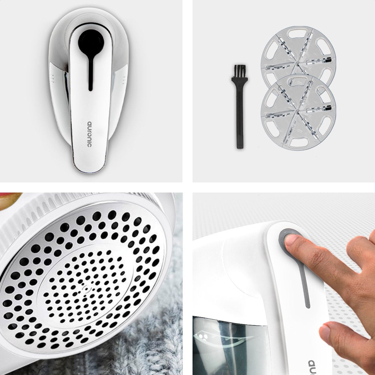 Auronic Electric Lint Remover - Sans fil - 2 accessoires supplémentaires - Blanc