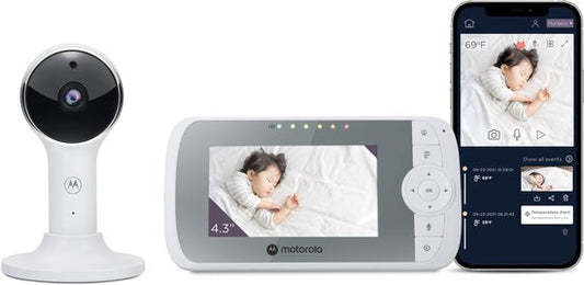 Motorola VM64 Baby Monitor avec caméra et application - Baby Monitor vidéo WiFi 4,3" avec application pour smartphone - Audio bidirectionnel, vision nocturne, température, berceuses, zoom numérique