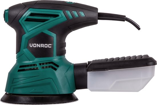 VONROC Ponceuse à orbite aléatoire - 300W - Ø125mm - Avec boîte de collecte des poussières et 12 morceaux de papier de verre