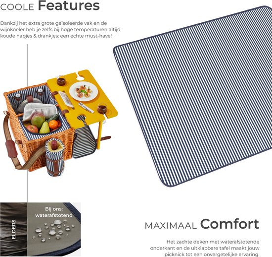 tectake® complete Picnic Basket Set Texel - Luxury 24-piece Picnic Set for 2 - Wicker Picnic Basket with Picnic Carpet - Includes Cool Box, Set of Plates, Plastic Wine Glasses and Stainless Steel Cutlery