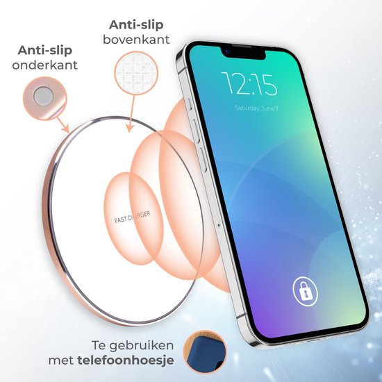 Nuvance - Chargeur sans fil 15W - Câble inclus - Chargeur sans fil - Chargeur rapide - Convient à tous les smartphones Qi - Blanc et or