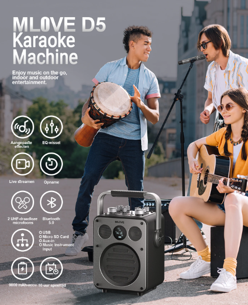 Machine à karaoké MLOVE D5 - 200 W - 2 microphones sans fil - Bluetooth - Noir