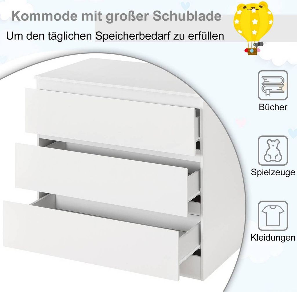 Commode Woltu avec 3 tiroirs - Blanc brillant - 80 x 78 x 48 cm - Design spacieux et moderne