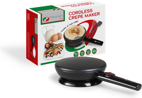 Magnani - Appareil à crêpes - Revêtement antiadhésif - Spatule, fouet et assiette inclus - Poêle à crêpes - Électrique - 800 W