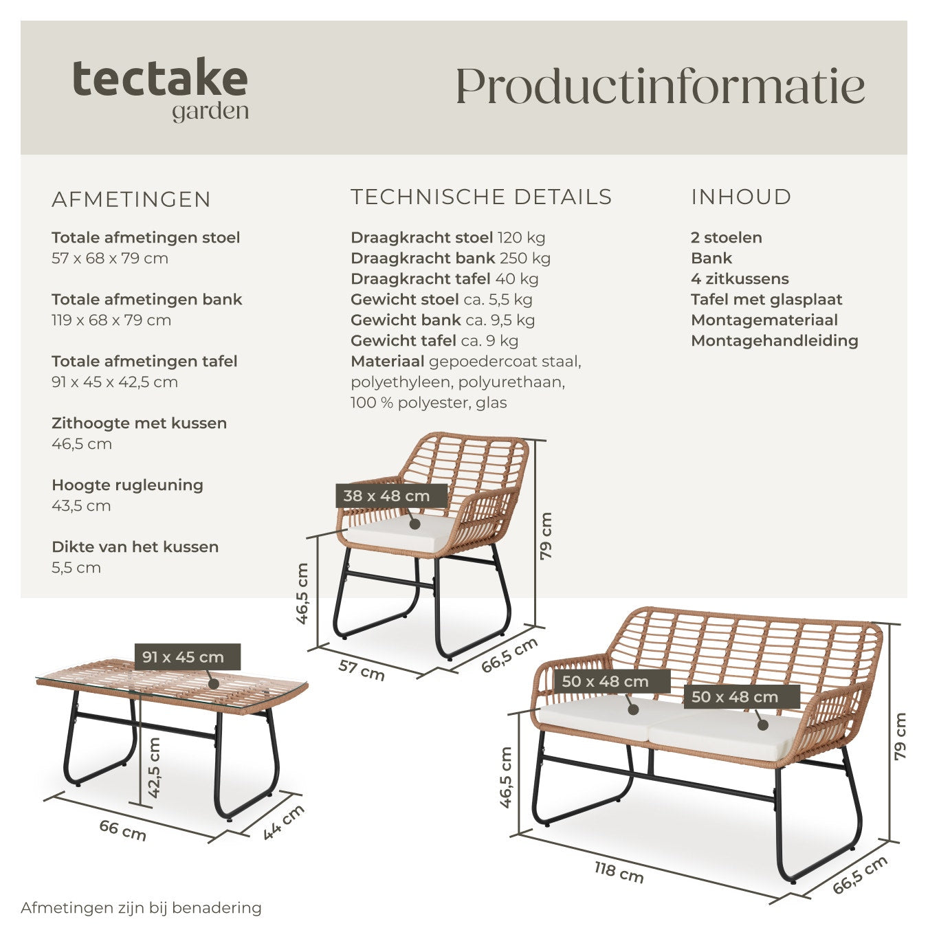 tectake Groupe de sièges en osier Molfetta XL 4 personnes - Canapé 119x68x79 cm, Chaises 57x68x79 cm, Table 91x45x42.5 cm