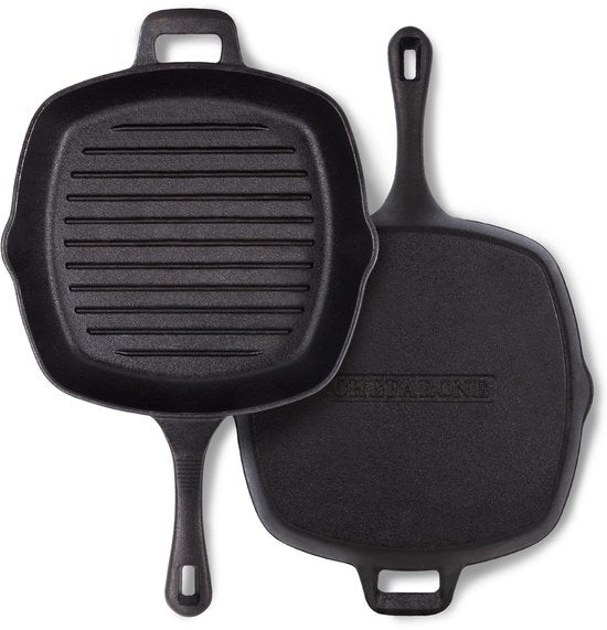 Poêle à griller en fonte Chefarone – 25,5 cm – Compatible induction, gaz, four et barbecue – Poêle à griller carrée à rainures – Sillons de cuisson parfaits et répartition optimale de la chaleur – Poêle avec poignée