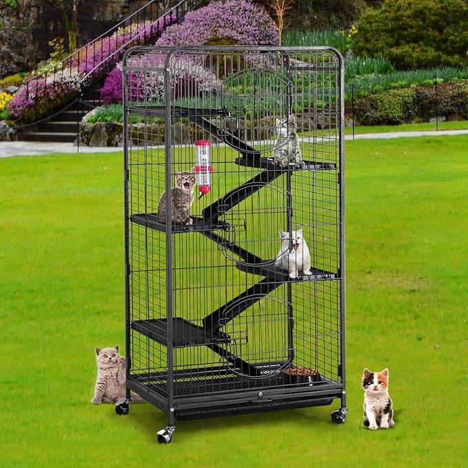 Cage pour rongeurs Yaheetech 64 x 43,8 x 131,6 cm - Noire - Cage sur roulettes pour rats, furets, chinchillas et lapins