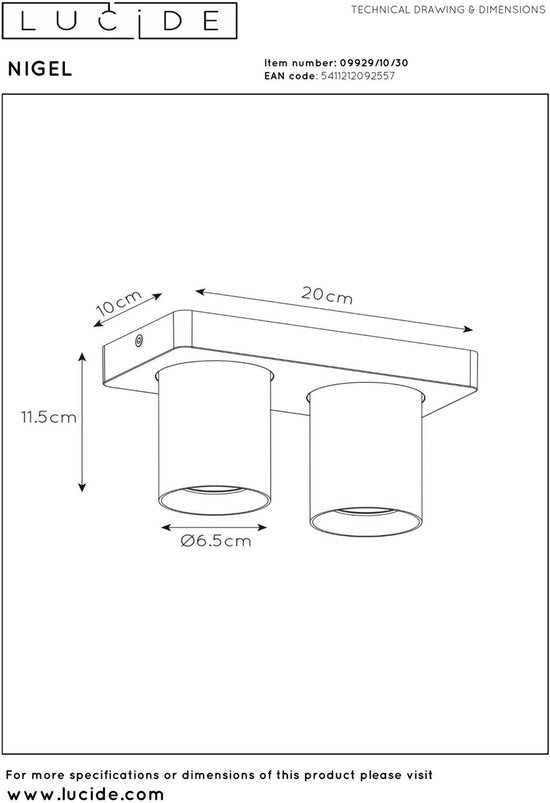 Lucide NIGEL - Spot de plafond (lampe de plafond) - LED « Dim to warm » - GU10 - 2x5 W 2200 K/3000 K - Noir