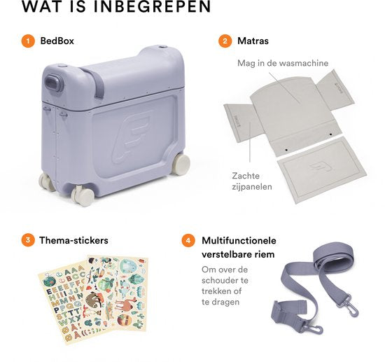 Stokke JetKids BedBox, Arctic Blue - Valise à roulettes pour enfants de 2 à 7 ans (jusqu'à 35 kg) - Peut se transformer en lit - Avec matelas, autocollants décoratifs et sangle de transport réglable